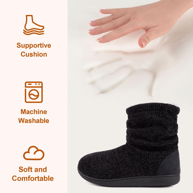 LongBay Women's Chenille Knit Bootie Slippers Cute Plush Fleece Memory Foam House Shoes (X-Large / 11-12 B(M), Black) - Image 4